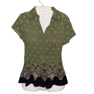 Apt 9 Top Womens Small Petite Crinkle Stretch Green Print Forest Fairy Retro
